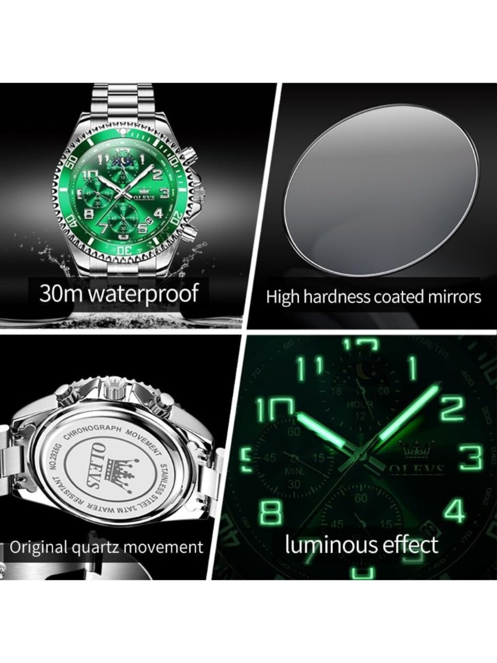 Men's Silver Green Stainless Steel Waterproof Quartz Big Face Fashion Wristwatch - Picture 5 of 6